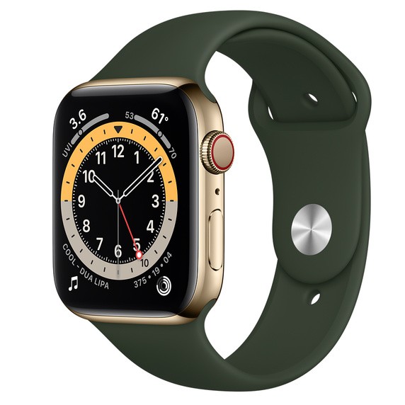 Apple Watch Series 6 Cellular, 44mm Edelstahl in Gold mit Sportarmband in Zyperngrün, M09F3FD/A