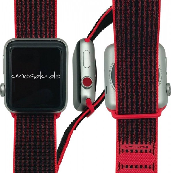 Apple Watch Series 3 Cellular, 42mm Aluminium in Silber mit Sport Loop in Rot/Schwarz, MQMG2ZD/A