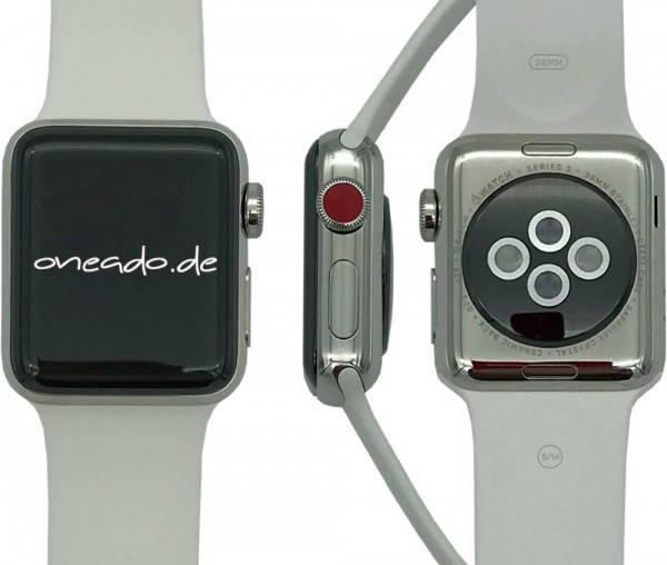 Apple Watch Series 3 Cellular, 38mm Edelstahl in Silber mit Sportarmband in Weiß, MQLV2ZD/A